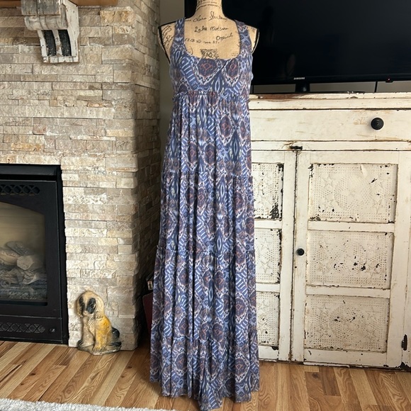 Sundance navy tiered sleeveless racerback maxi dress aztec print lined - Picture 1 of 15